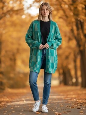 Annie Teal Checkered Women's Cardigan Sm